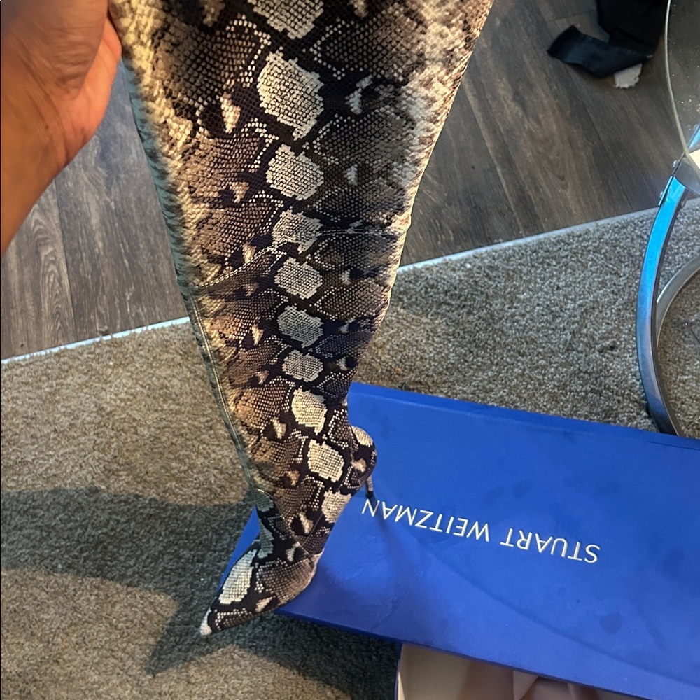 Stuart Weitzman Black and Cream Snakeskin Boots